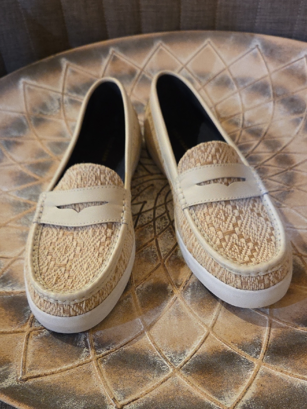 Cole Haan, Grands New, Size 9.5,Woven Slip-On Loafers in Beige and Cream.